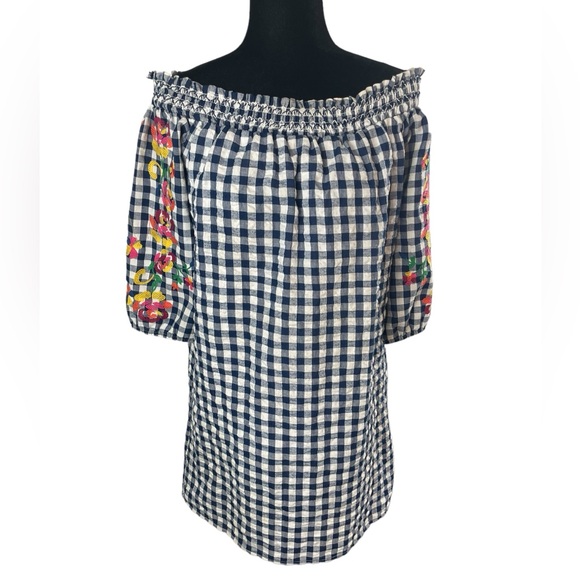 Skies Are Blue Navy Gingham Off Shoulder
Embroidered 3/4 Sleeve Dress - Picture 3 of 11